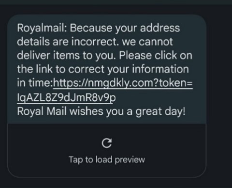 Image of an example of a Royal Mail scam text